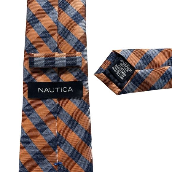 NAUTICA Vintage‎ Silk Poly Blend Necktie Designer Orange Checkered W3 L54 (240) - Picture 2 of 5